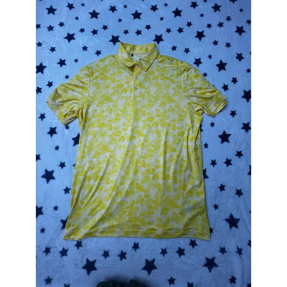 NWT Adidas Golf Polo Shirt Mens Medium Yellow Floral Print Performance Golf